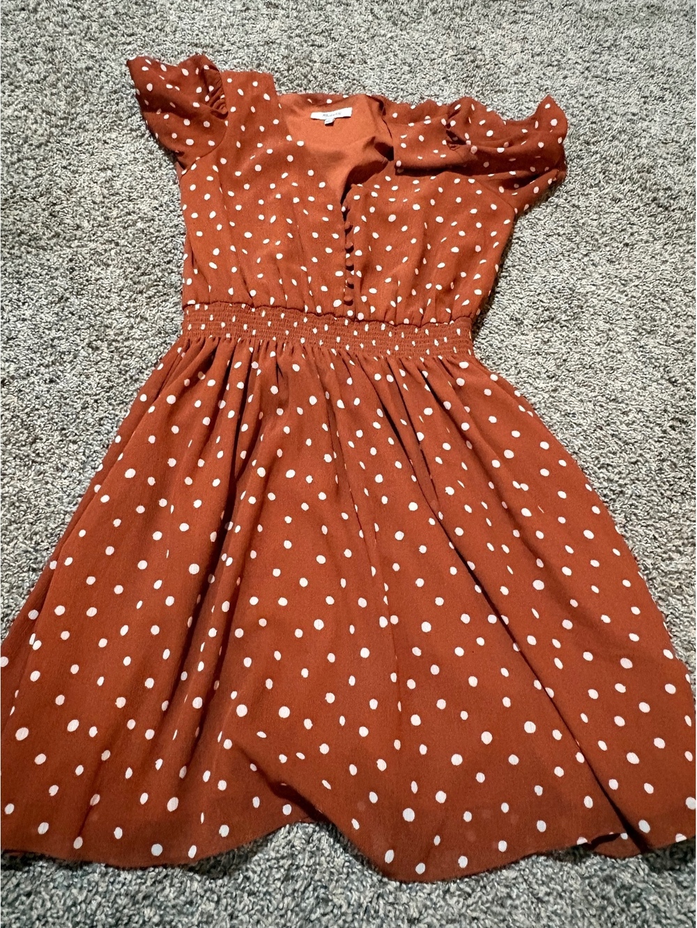 Madewell Smocked-Waist Mini Dress Inkspot Dots Burnt Clay Orange [Size Small